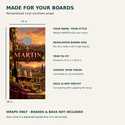 Vineyard Evenings Personalized Wine Cornhole Board Wraps — size and installation guide
