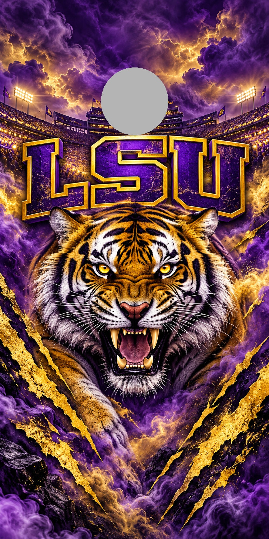 LSU Tiger Night Cornhole Board Wraps with plain gray hole-position preview