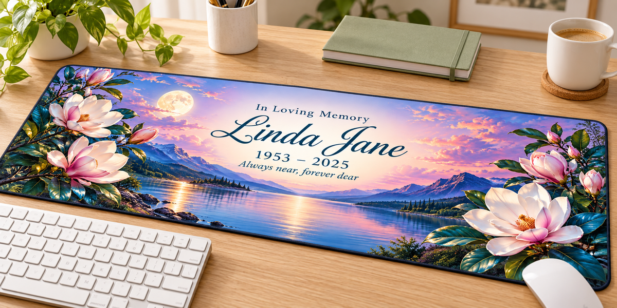 Magnolia Moonlit Memories memorial desk mat — angled workspace mockup