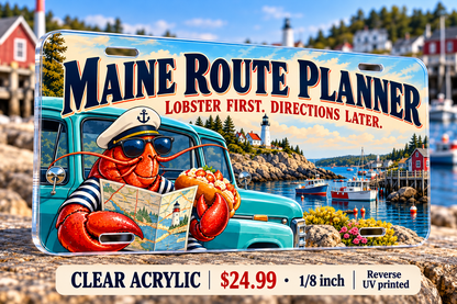 Maine Lobster First funny license plate — ⅛-inch reverse UV printed acrylic with opaque artwork
