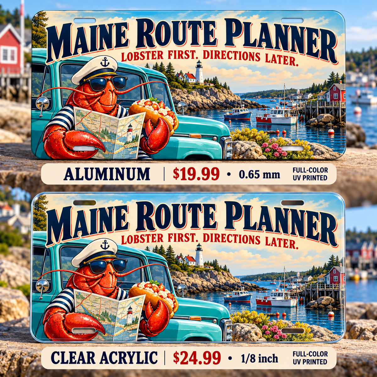 Maine Lobster First funny license plate — aluminum $19.99 and clear acrylic $24.99 comparison