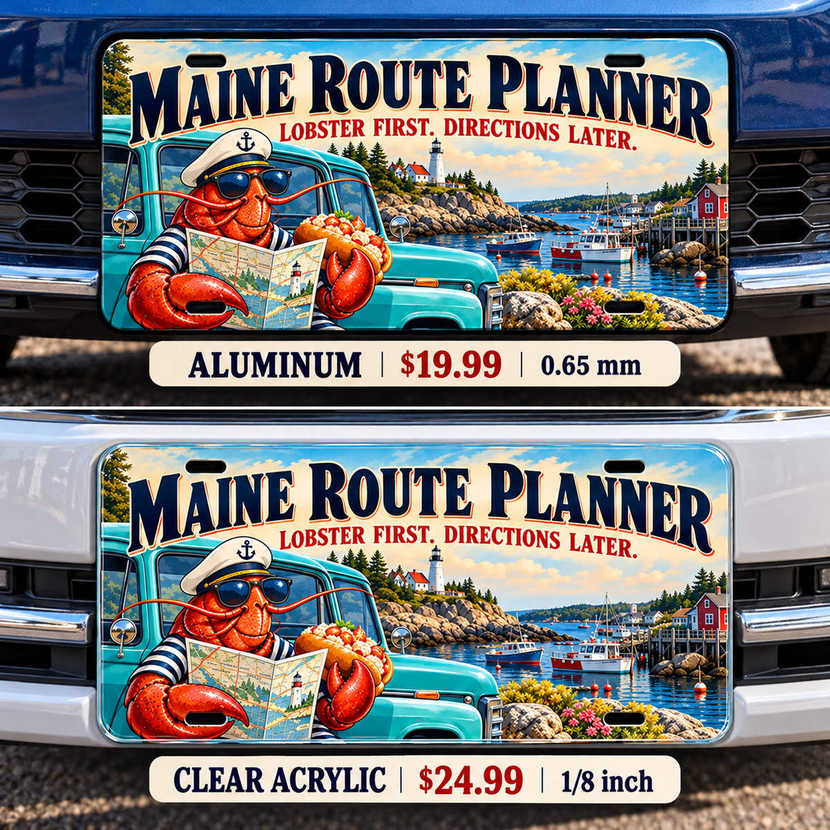 Maine Lobster First funny license plate — aluminum and acrylic vehicle mockups