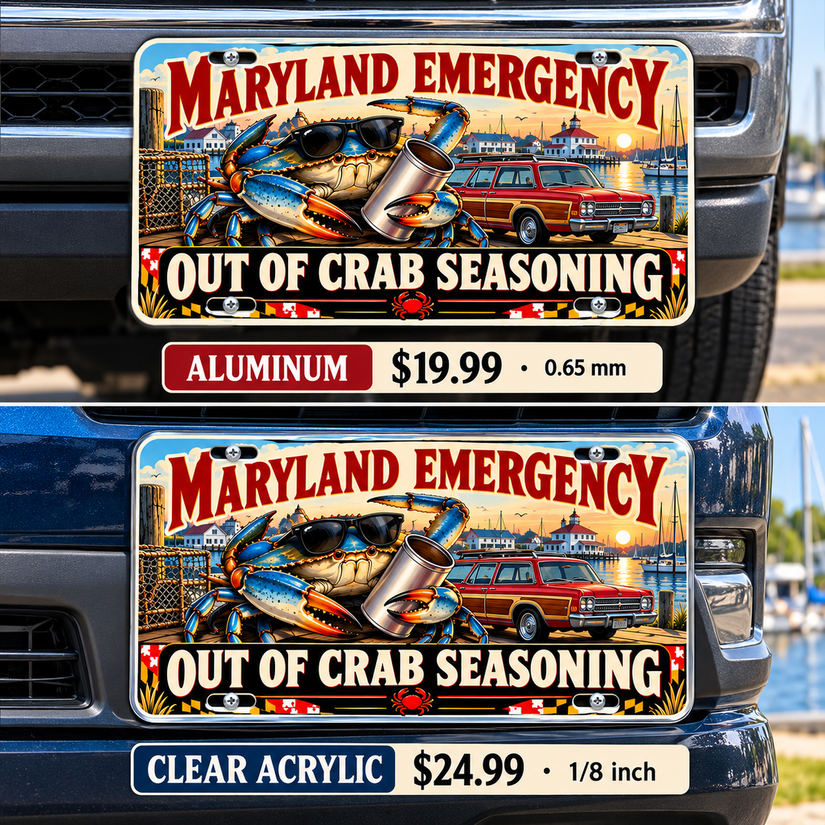 Maryland Crab Emergency funny license plate — aluminum and acrylic vehicle mockups