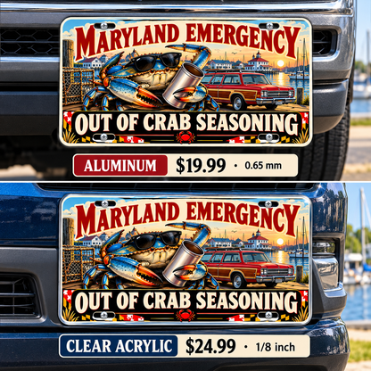Maryland Crab Emergency funny license plate — aluminum and acrylic vehicle mockups