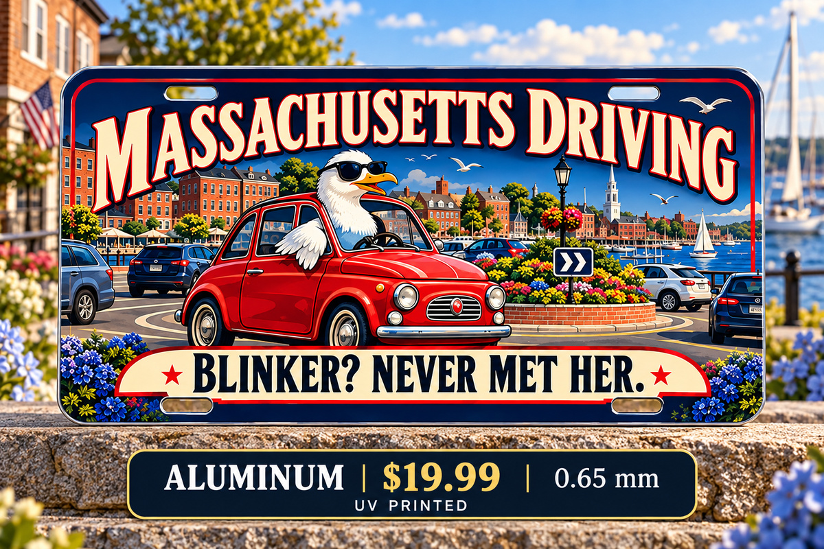 Massachusetts Blinker Mystery funny license plate — 0.65 mm UV printed aluminum
