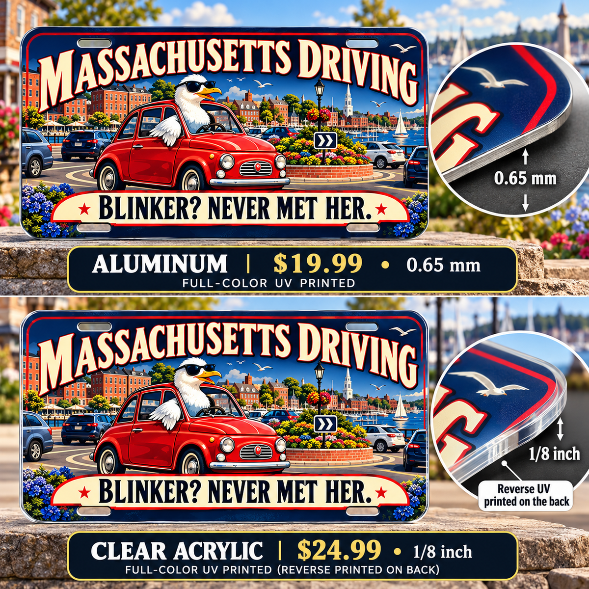 Massachusetts Blinker Mystery funny license plate — 0.65 mm aluminum and ⅛-inch acrylic edge detail