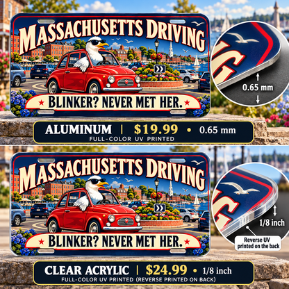 Massachusetts Blinker Mystery funny license plate — 0.65 mm aluminum and ⅛-inch acrylic edge detail