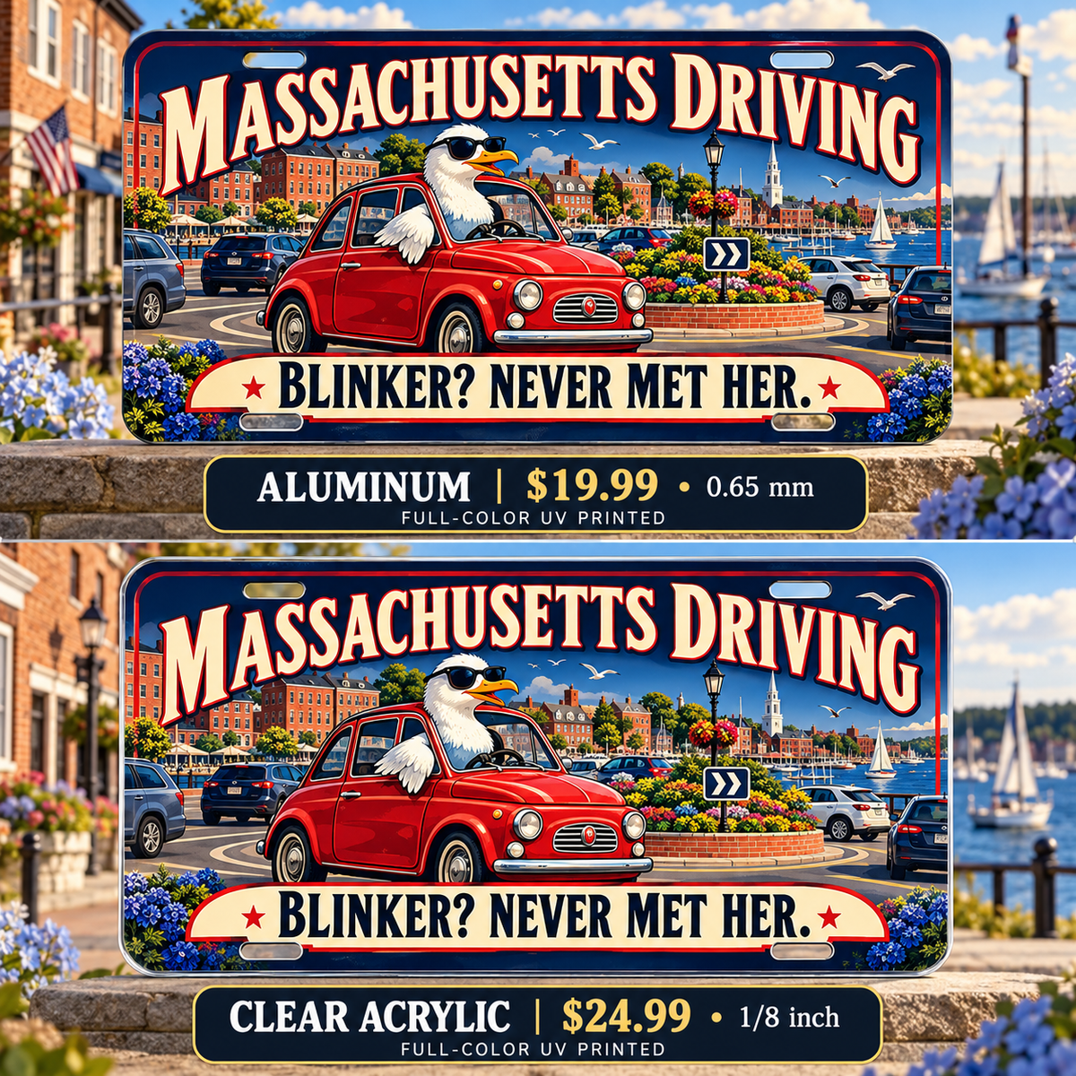 Massachusetts Blinker Mystery funny license plate — aluminum $19.99 and clear acrylic $24.99 comparison