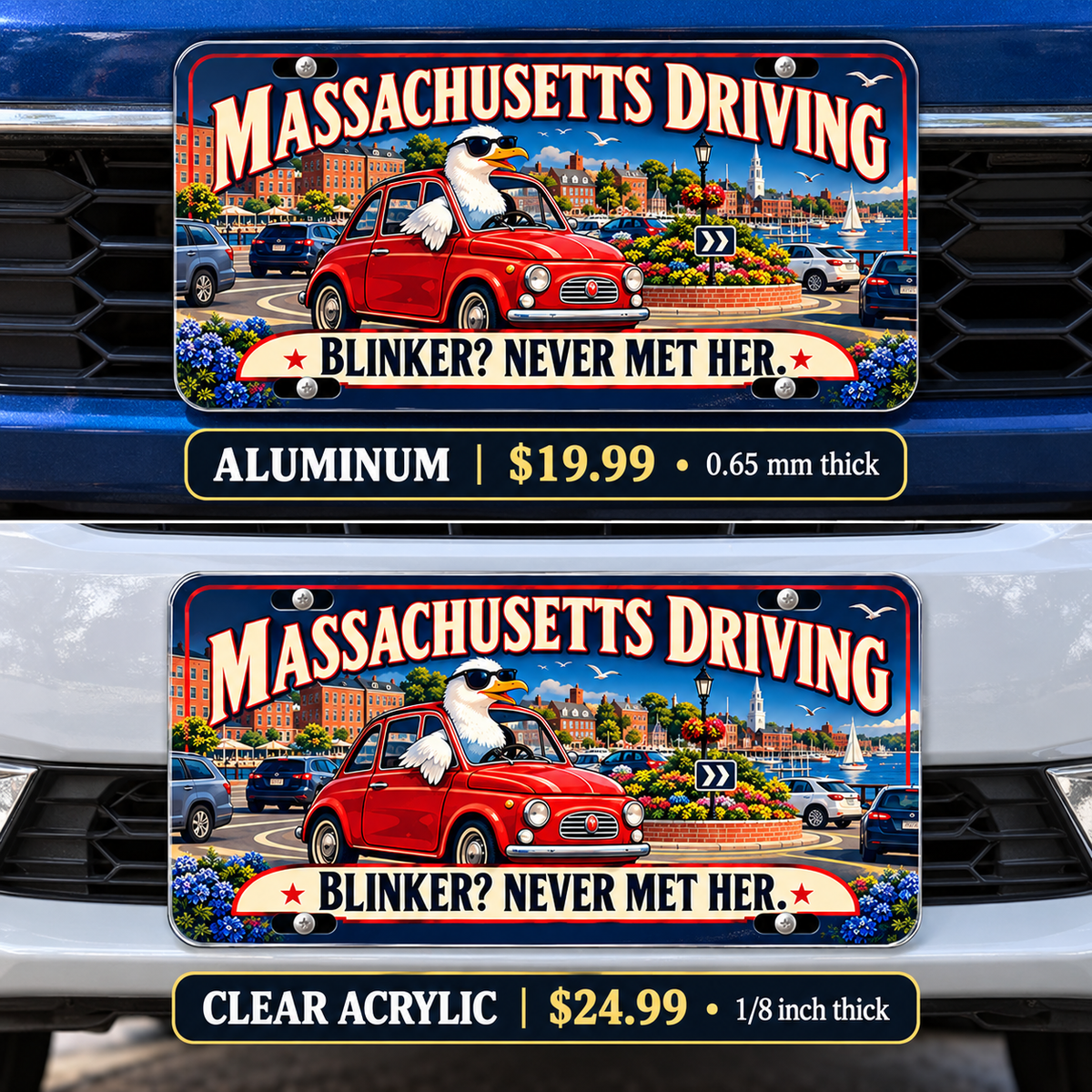 Massachusetts Blinker Mystery funny license plate — aluminum and acrylic vehicle mockups