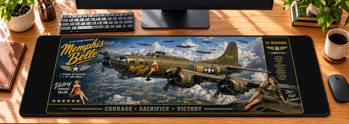 Memphis Belle Victory Run Desk Mat in use on a warm wood office desk — overhead workspace view