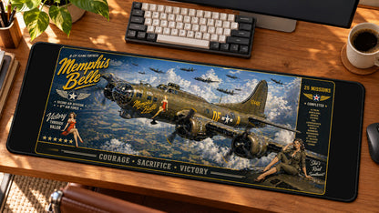 Memphis Belle Victory Run Desk Mat in use on a warm wood office desk — angled workspace view