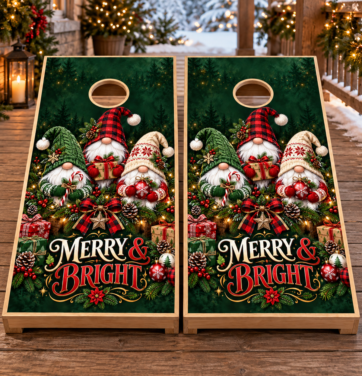 Merry and Bright Christmas Gnome Cornhole Board Wraps matching pair of board mockups