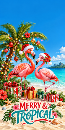 Merry and Tropical Flamingo Christmas Cornhole Board Wraps artwork without hole