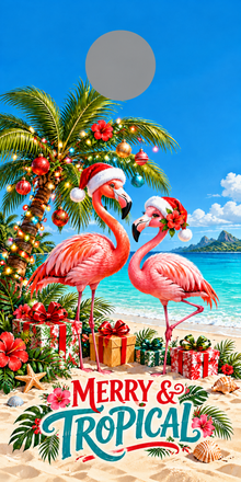 Merry and Tropical Flamingo Christmas Cornhole Board Wraps gray hole placement preview