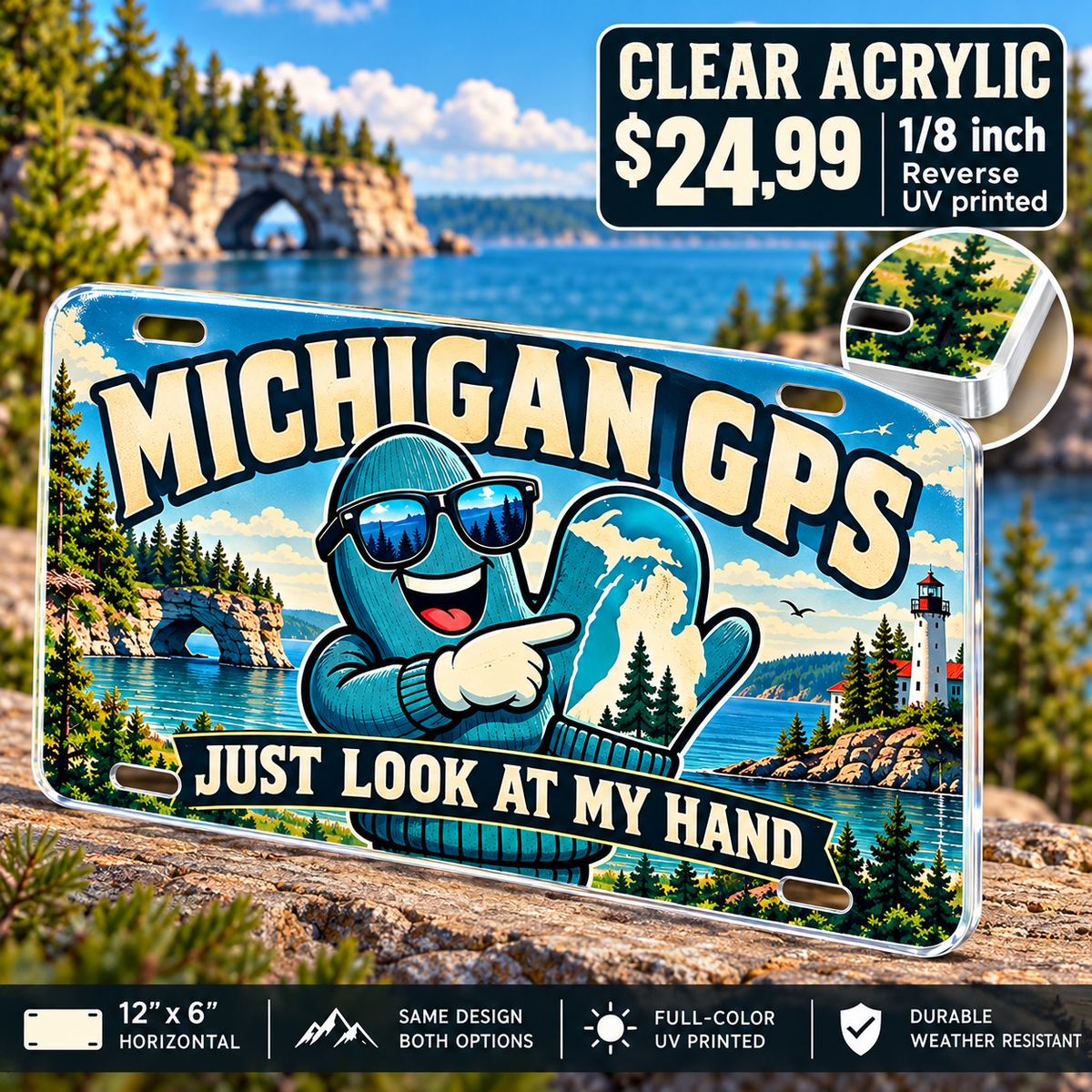 Michigan Hand Map funny license plate — ⅛-inch reverse UV printed acrylic with opaque artwork