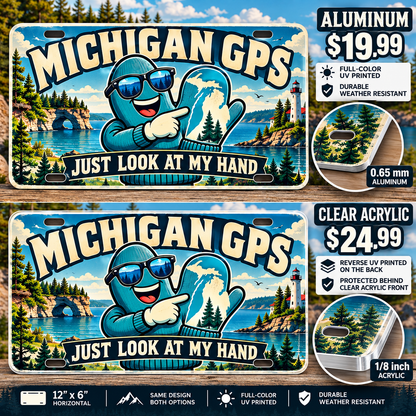 Michigan Hand Map funny license plate — 0.65 mm aluminum and ⅛-inch acrylic edge detail