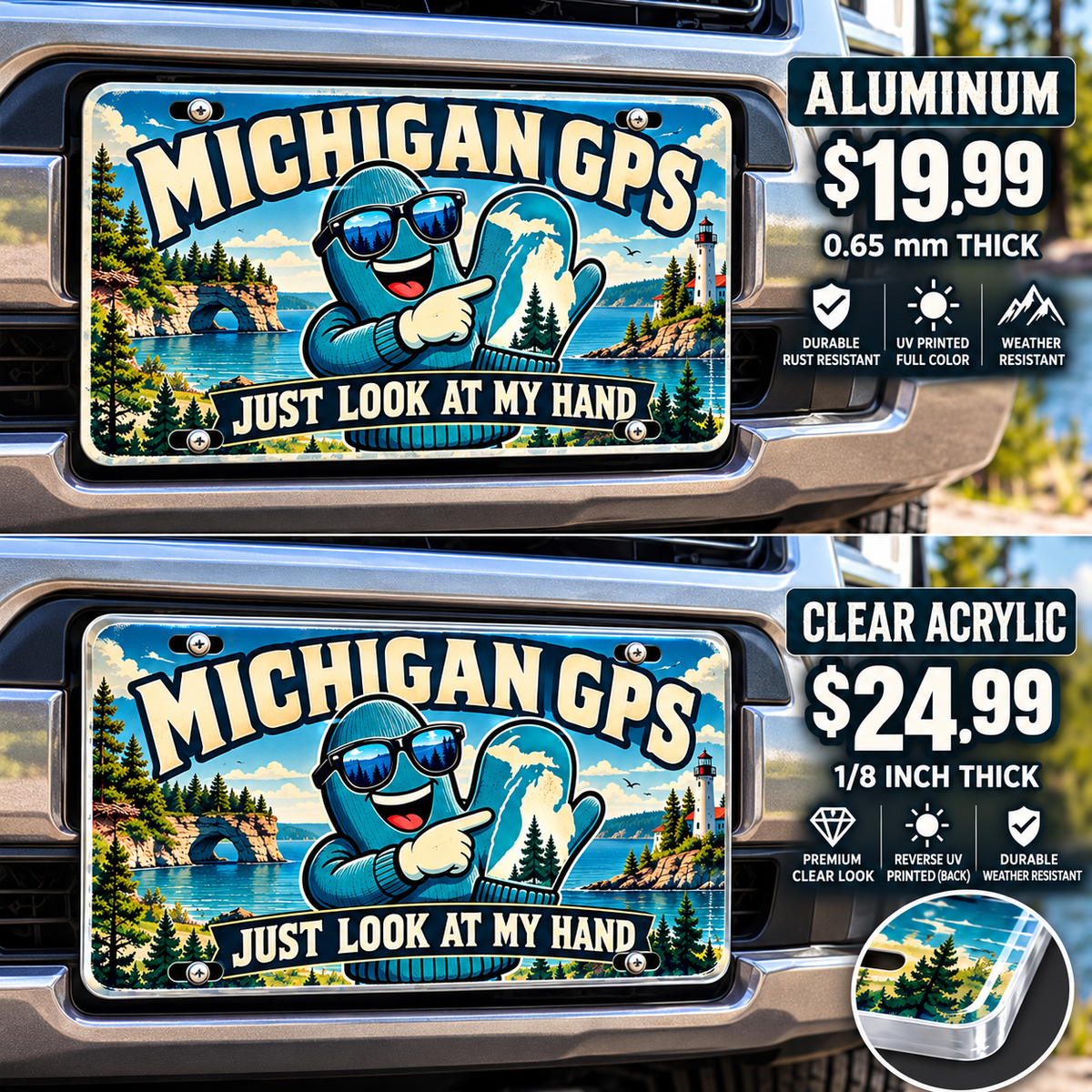 Michigan Hand Map funny license plate — aluminum and acrylic vehicle mockups