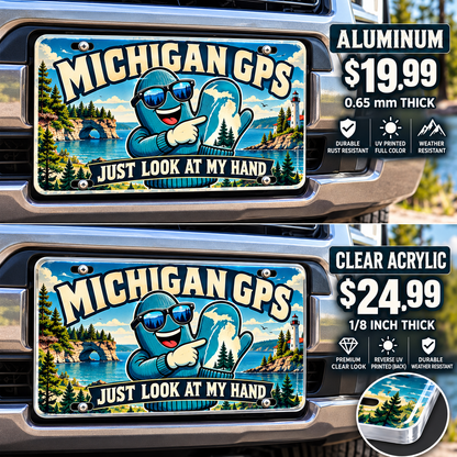 Michigan Hand Map funny license plate — aluminum and acrylic vehicle mockups
