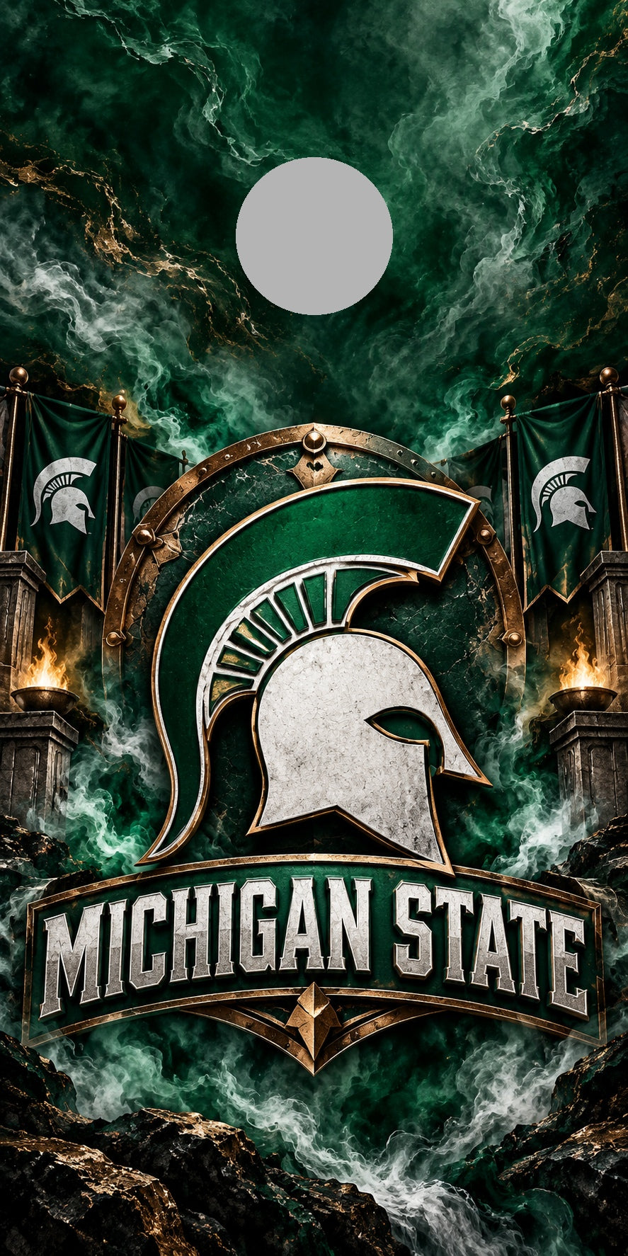 Michigan State Spartan Bronze cornhole wrap with plain gray hole placement preview