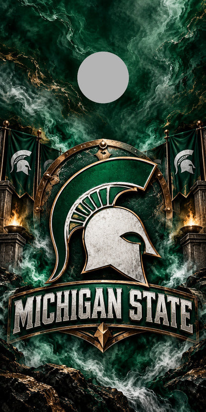 Michigan State Spartan Bronze cornhole wrap with plain gray hole placement preview