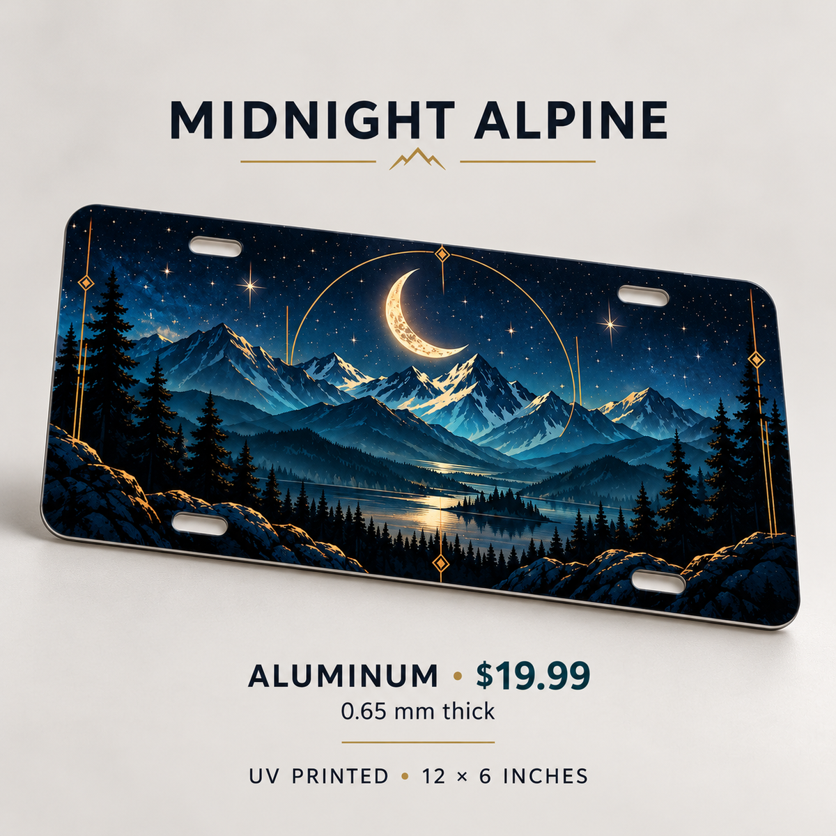 Midnight Alpine moonlit mountain license plate 0.65 mm aluminum $19.99
