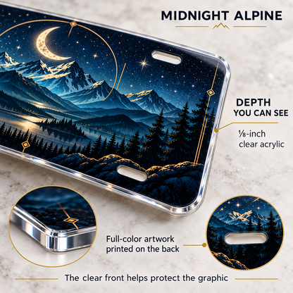 Midnight Alpine moonlit mountain license plate one-eighth-inch acrylic edge and reverse UV print detail