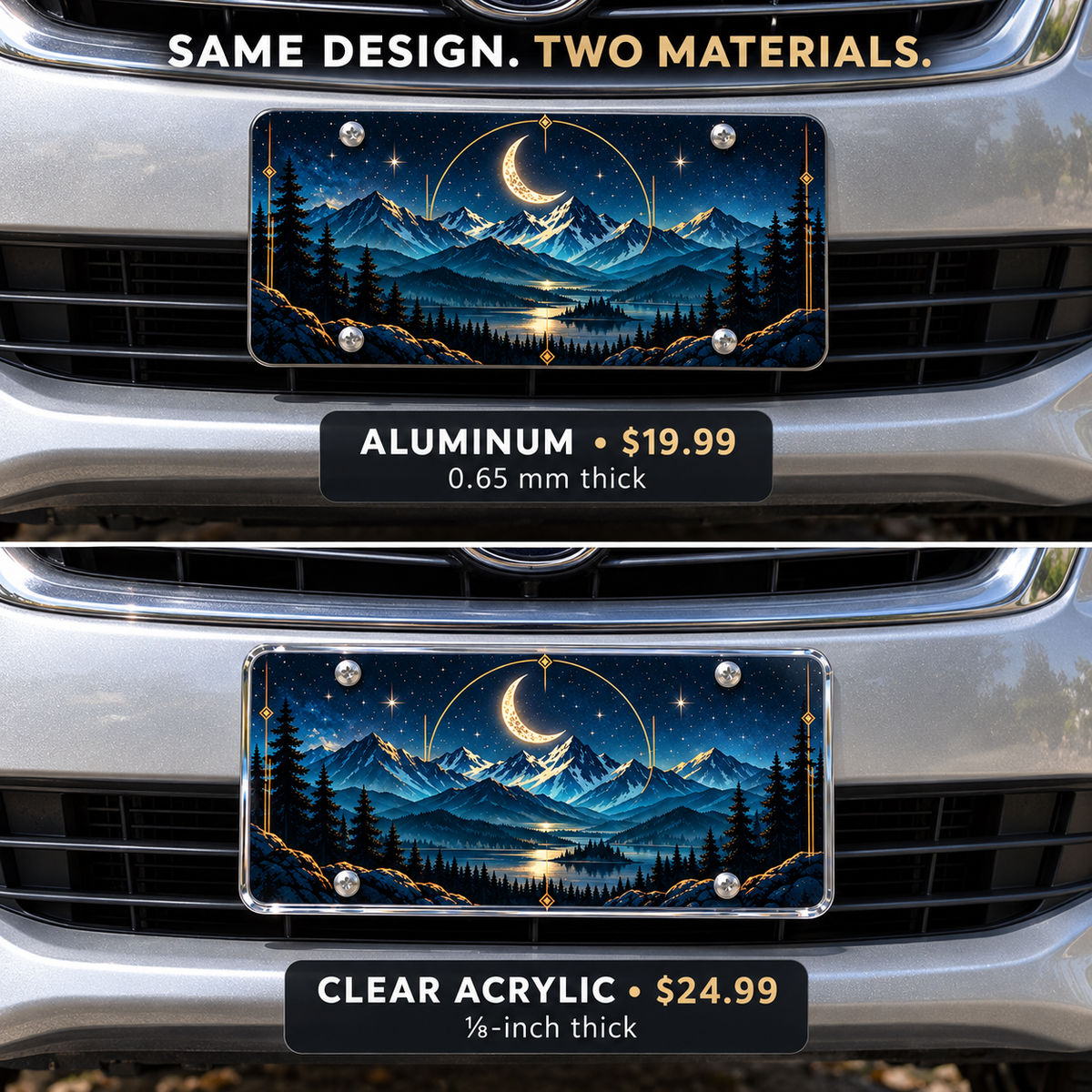 Midnight Alpine license plate mounted on a vehicle in aluminum and one-eighth-inch acrylic