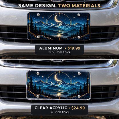 Midnight Alpine license plate mounted on a vehicle in aluminum and one-eighth-inch acrylic