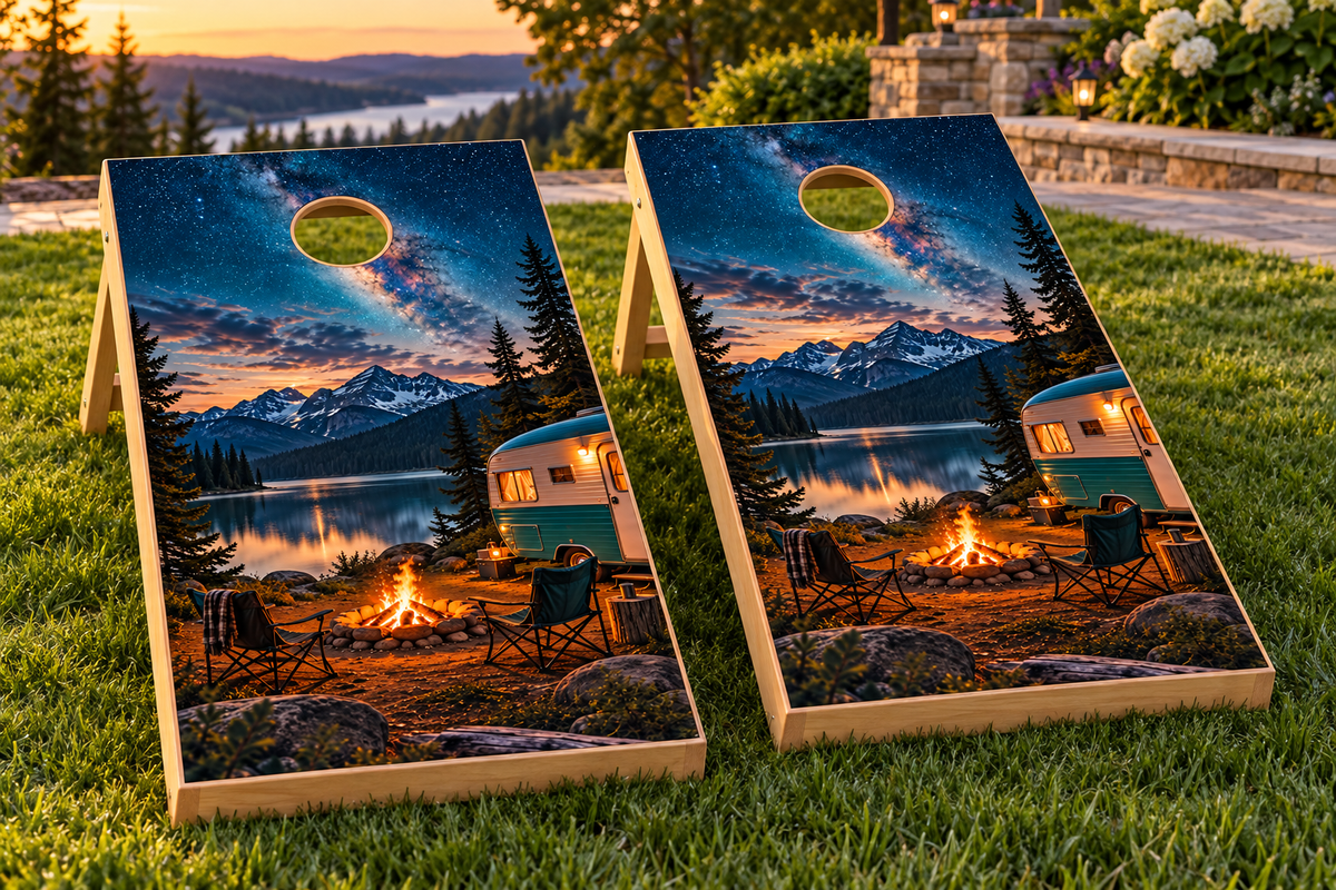 Midnight Campfire cornhole wrap installed board mockup; boards not included