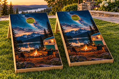 Midnight Campfire cornhole wrap installed board mockup; boards not included