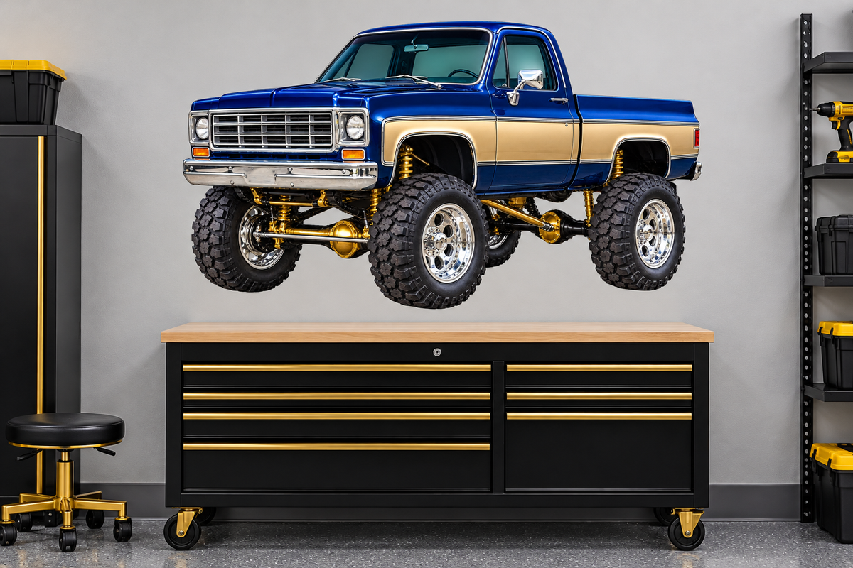 Midnight Blue & Gold Classic Lifted Truck Contour Cut Decal – Indoor or Outdoor garage mockup, illustrative size