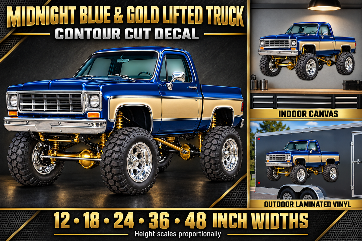 Midnight Blue & Gold Classic Lifted Truck Contour Cut Decal – Indoor or Outdoor showcase with sizes and materials