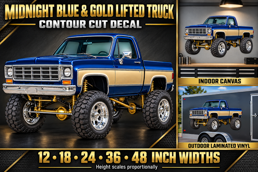 Midnight Blue & Gold Classic Lifted Truck Contour Cut Decal – Indoor or Outdoor showcase with sizes and materials