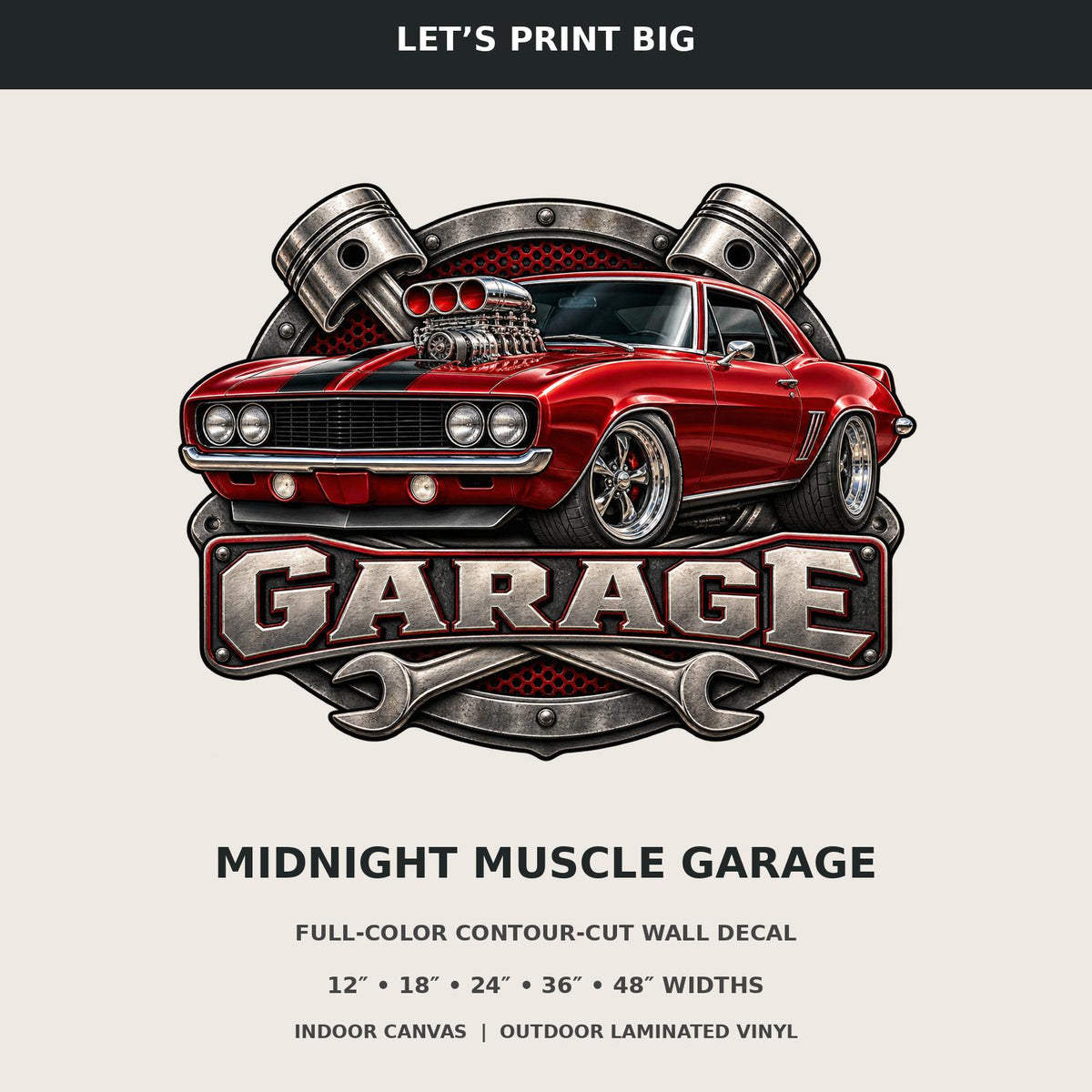 Midnight Muscle Garage wall decal summary sizes and materials