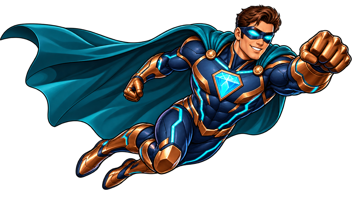 Midnight Sentinel original cartoon superhero with navy and copper armor, teal cape and cyan diamond emblem