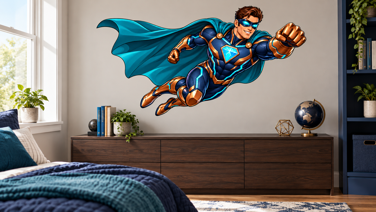 Midnight Sentinel superhero wall decal in a bedroom; size illustrative