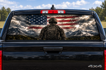 Military Themed Soldier Flag Mountains Rear See Through Window Graphic