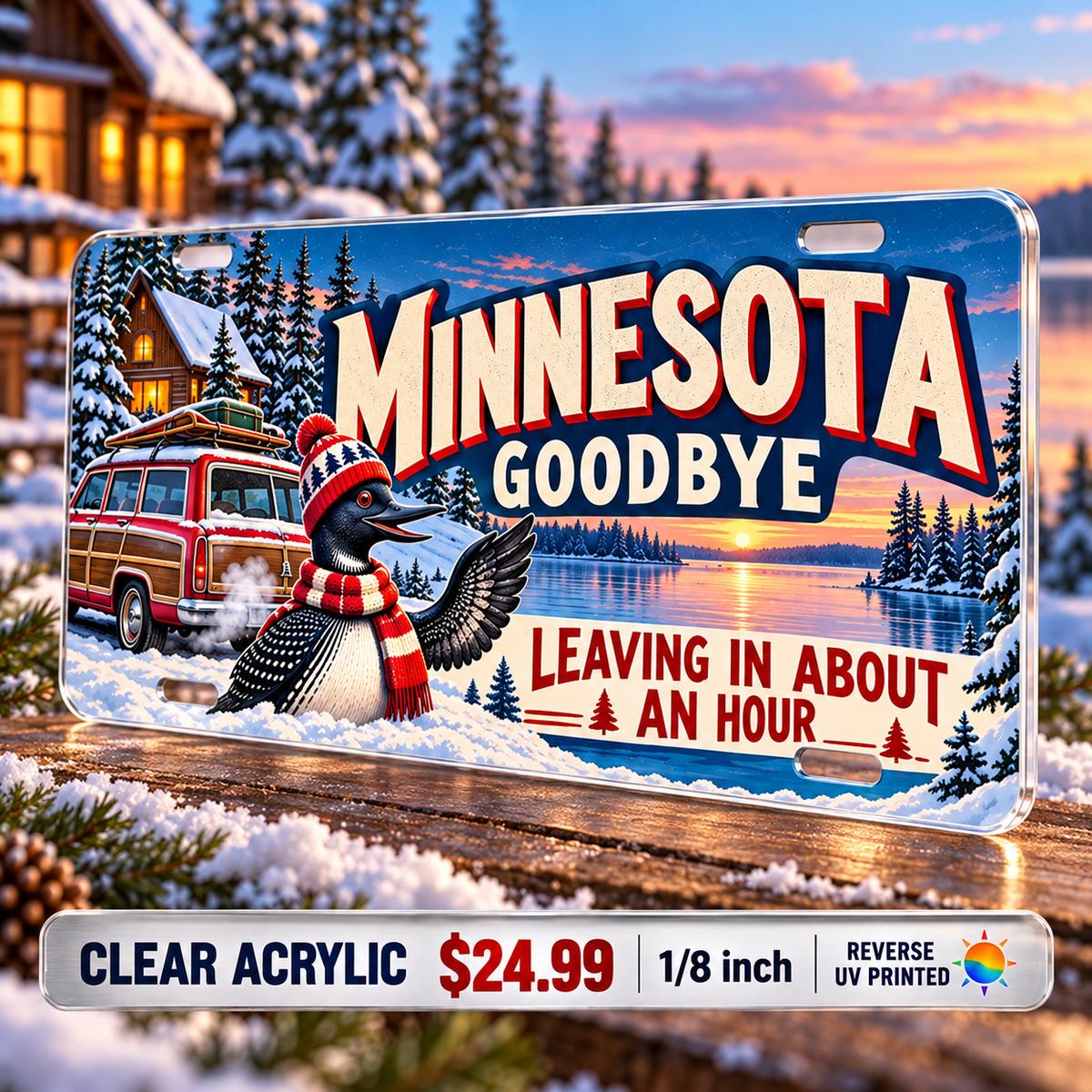 Minnesota Long Goodbye funny license plate — ⅛-inch reverse UV printed acrylic with opaque artwork