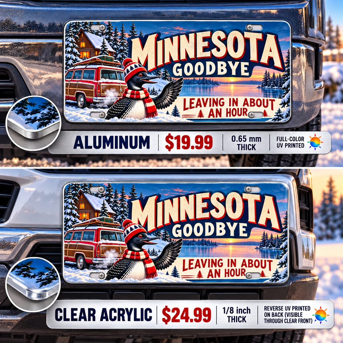 Minnesota Long Goodbye funny license plate — aluminum and acrylic vehicle mockups