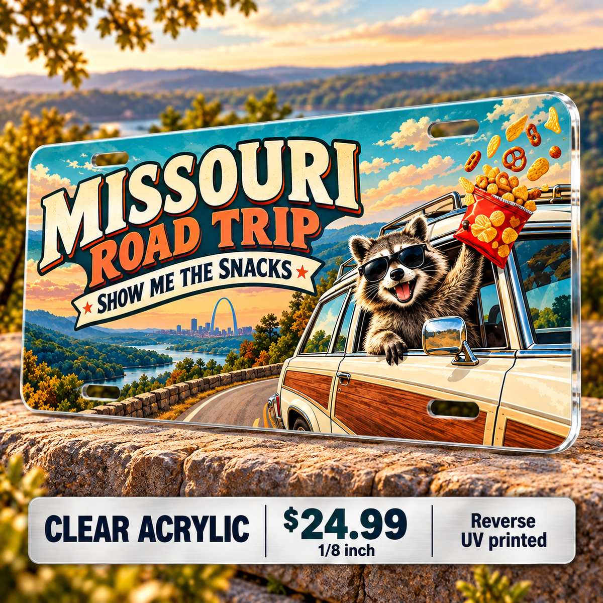 Missouri Show Me Snacks funny license plate — ⅛-inch reverse UV printed acrylic with opaque artwork