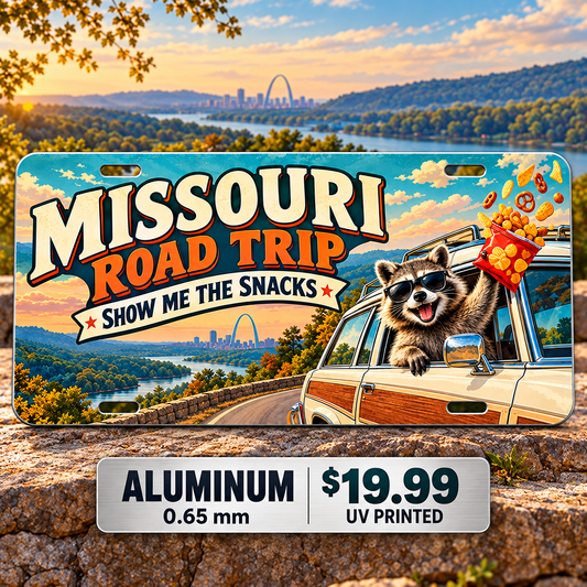 Missouri Show Me Snacks funny license plate — 0.65 mm UV printed aluminum