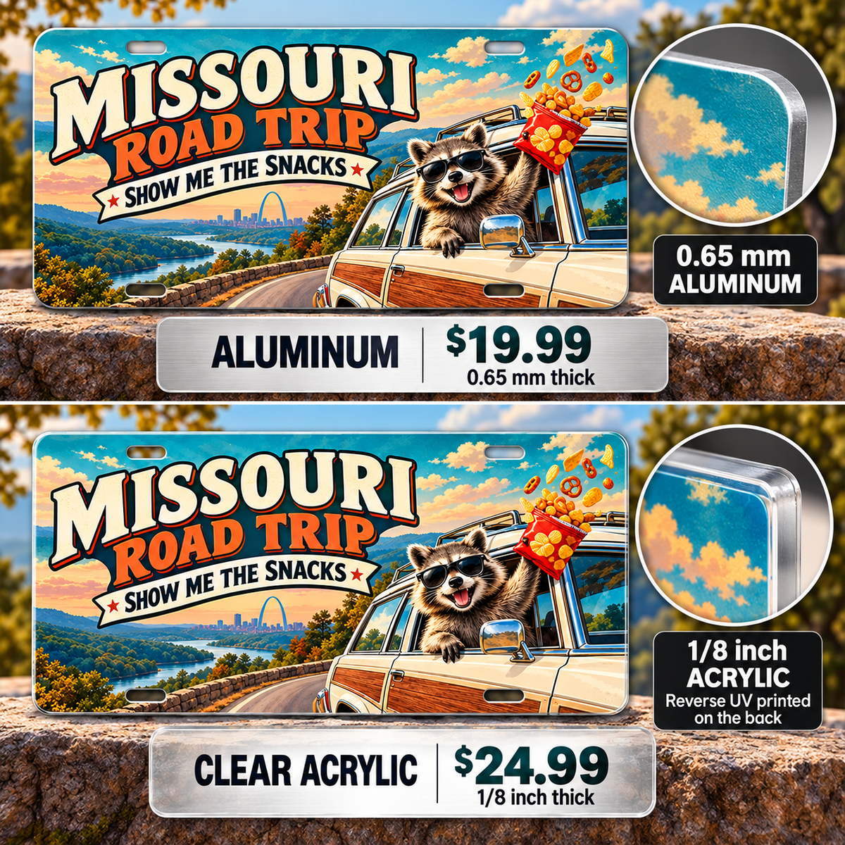 Missouri Show Me Snacks funny license plate — 0.65 mm aluminum and ⅛-inch acrylic edge detail