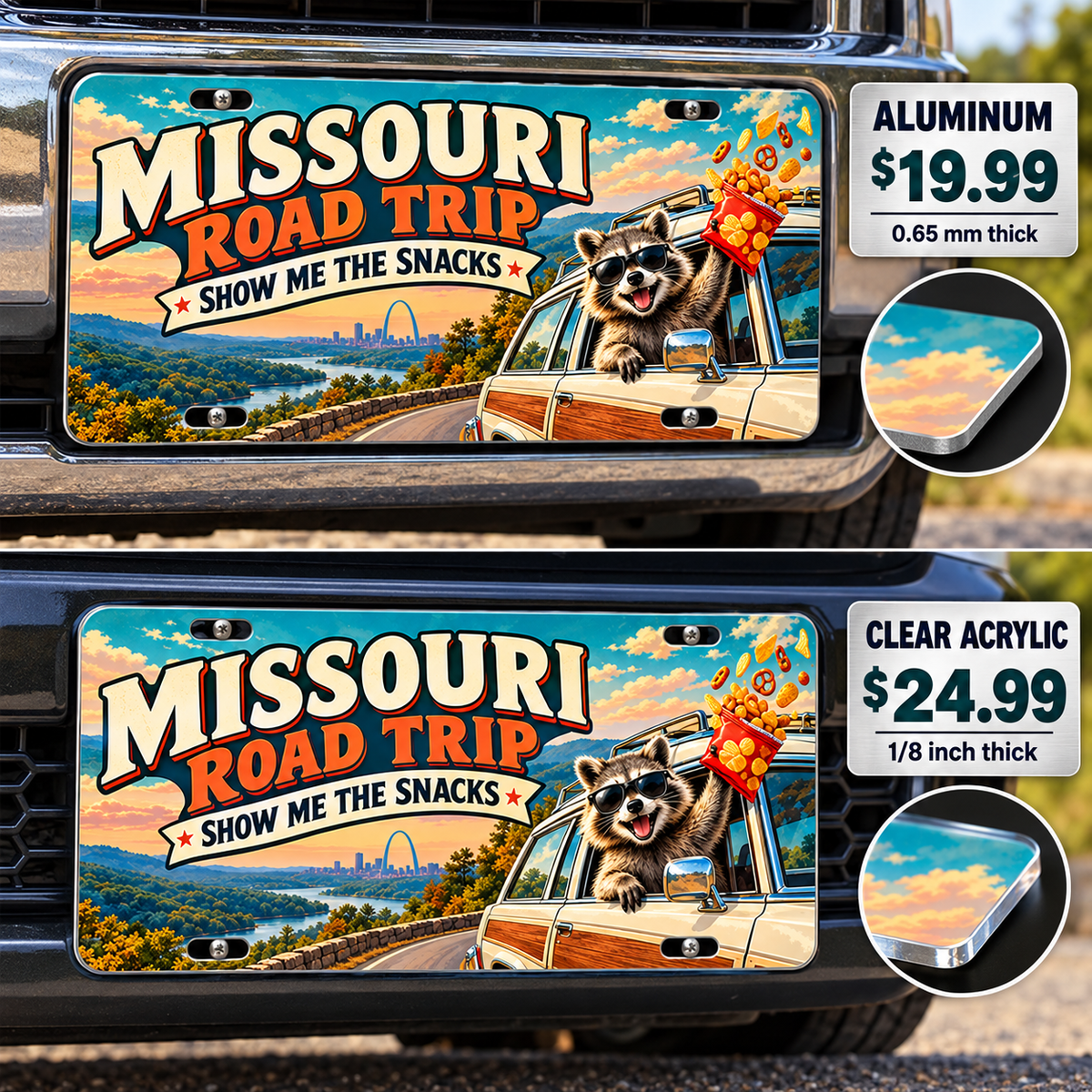 Missouri Show Me Snacks funny license plate — aluminum and acrylic vehicle mockups