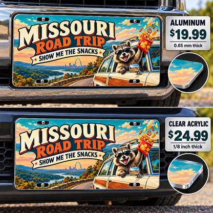 Missouri Show Me Snacks funny license plate — aluminum and acrylic vehicle mockups