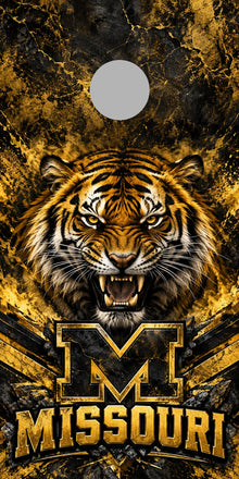 Missouri Tiger Mettle cornhole wrap with plain gray hole placement preview
