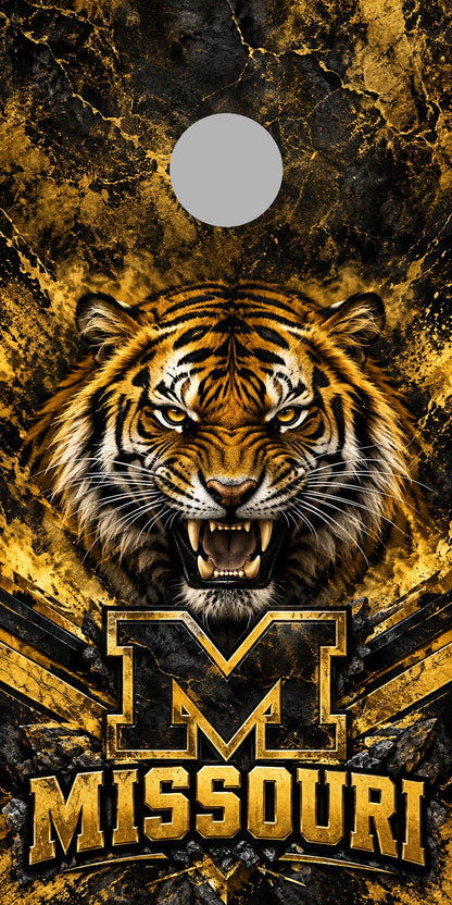 Missouri Tiger Mettle cornhole wrap with plain gray hole placement preview