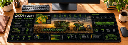 Modern Corn Harvest Command Desk Mat in use on a warm wood office desk — overhead workspace view