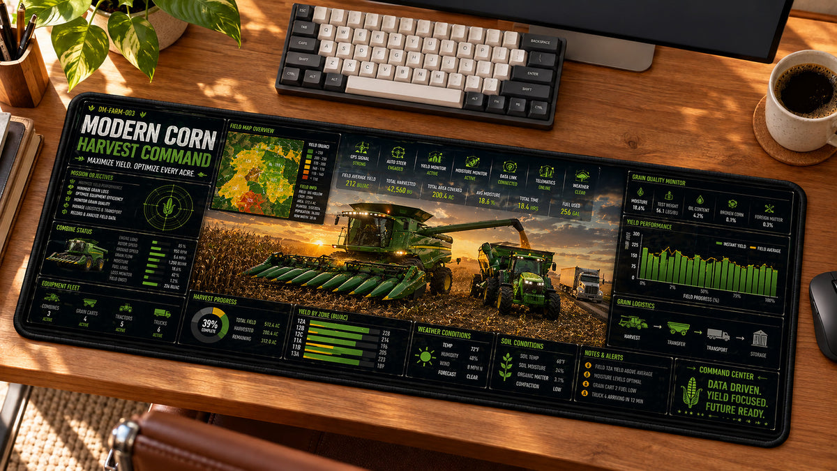 Modern Corn Harvest Command Desk Mat in use on a warm wood office desk — angled workspace view