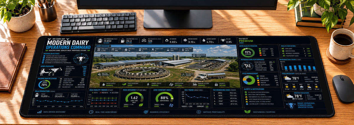 Modern Dairy Operations Command Desk Mat in use on a warm wood office desk — overhead workspace view