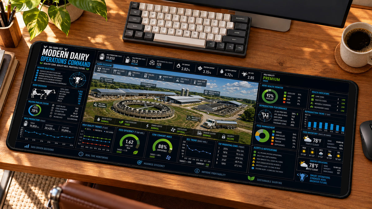 Modern Dairy Operations Command Desk Mat in use on a warm wood office desk — angled workspace view